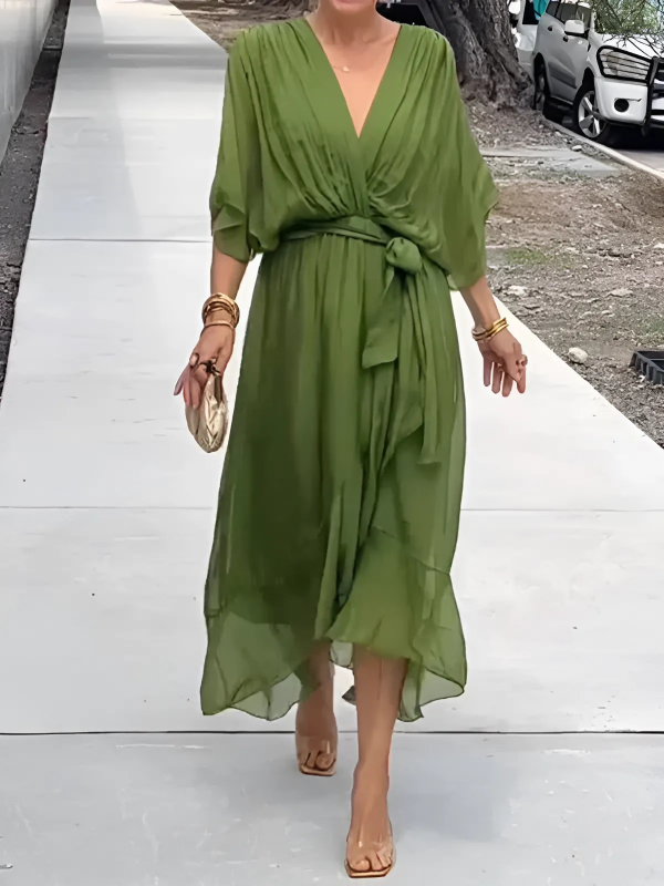 Women's V Neck Midi Dress – Green