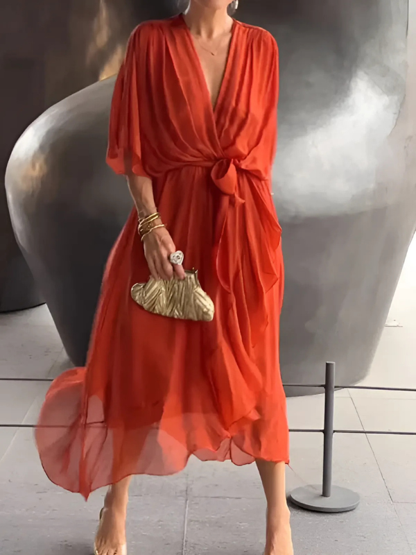 Women's V Neck Midi Dress – Red Orange