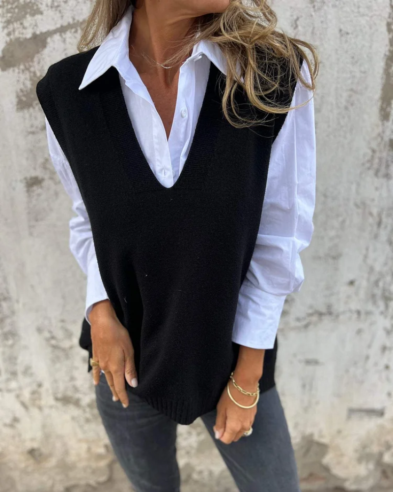 Women's V Neck Sleeveless Sweater – Black