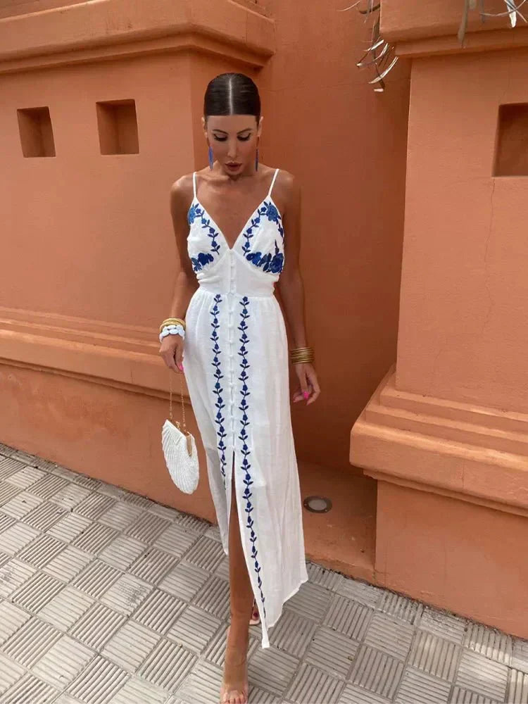 Women's V Neck Maxi Dress – White