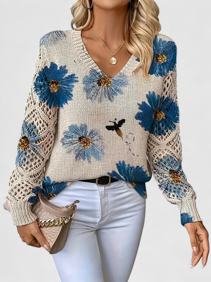 Women's V Neck Long Sleeve Sweater – Blue