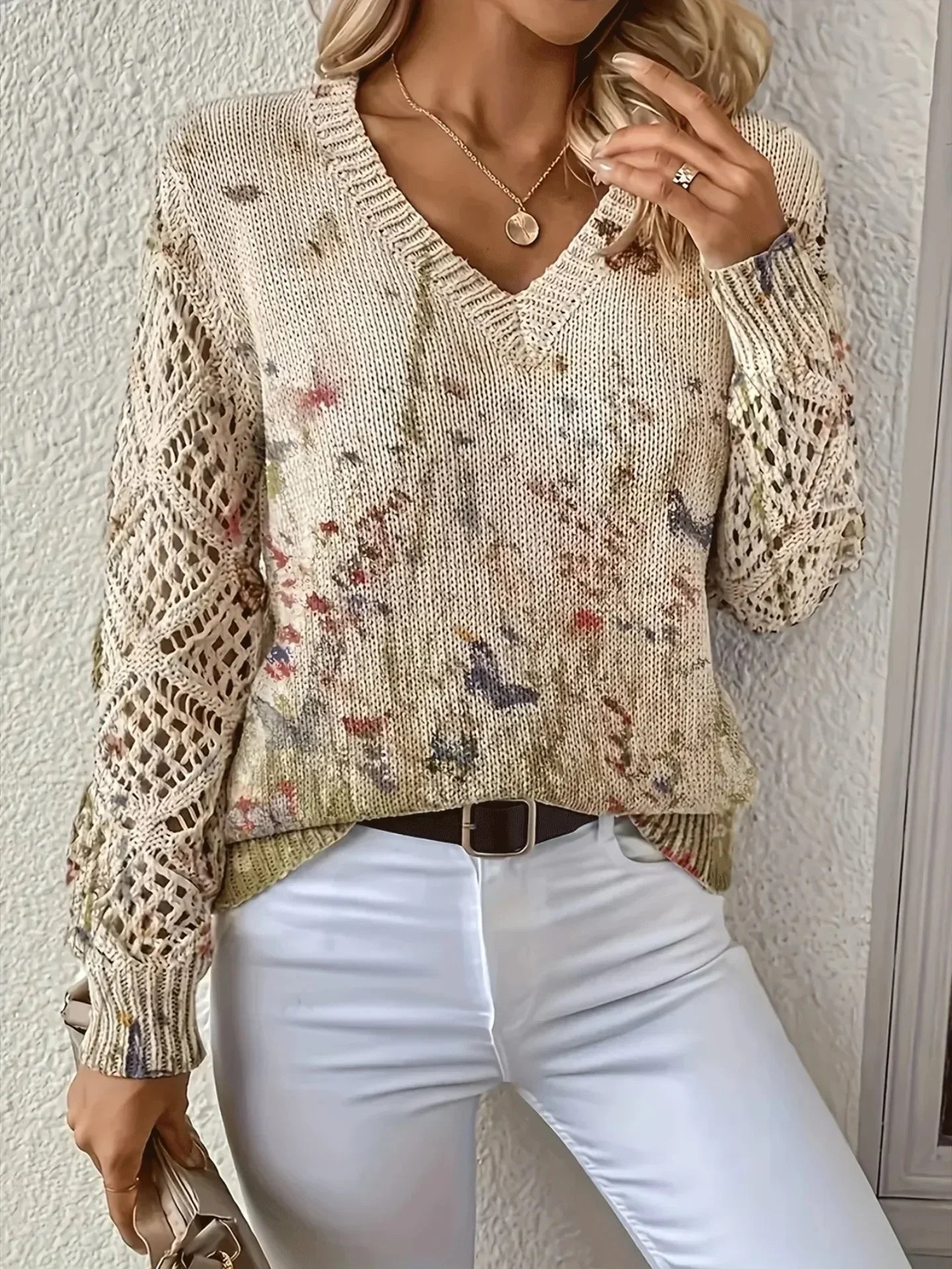 Women's V Neck Long Sleeve Sweater – Beige