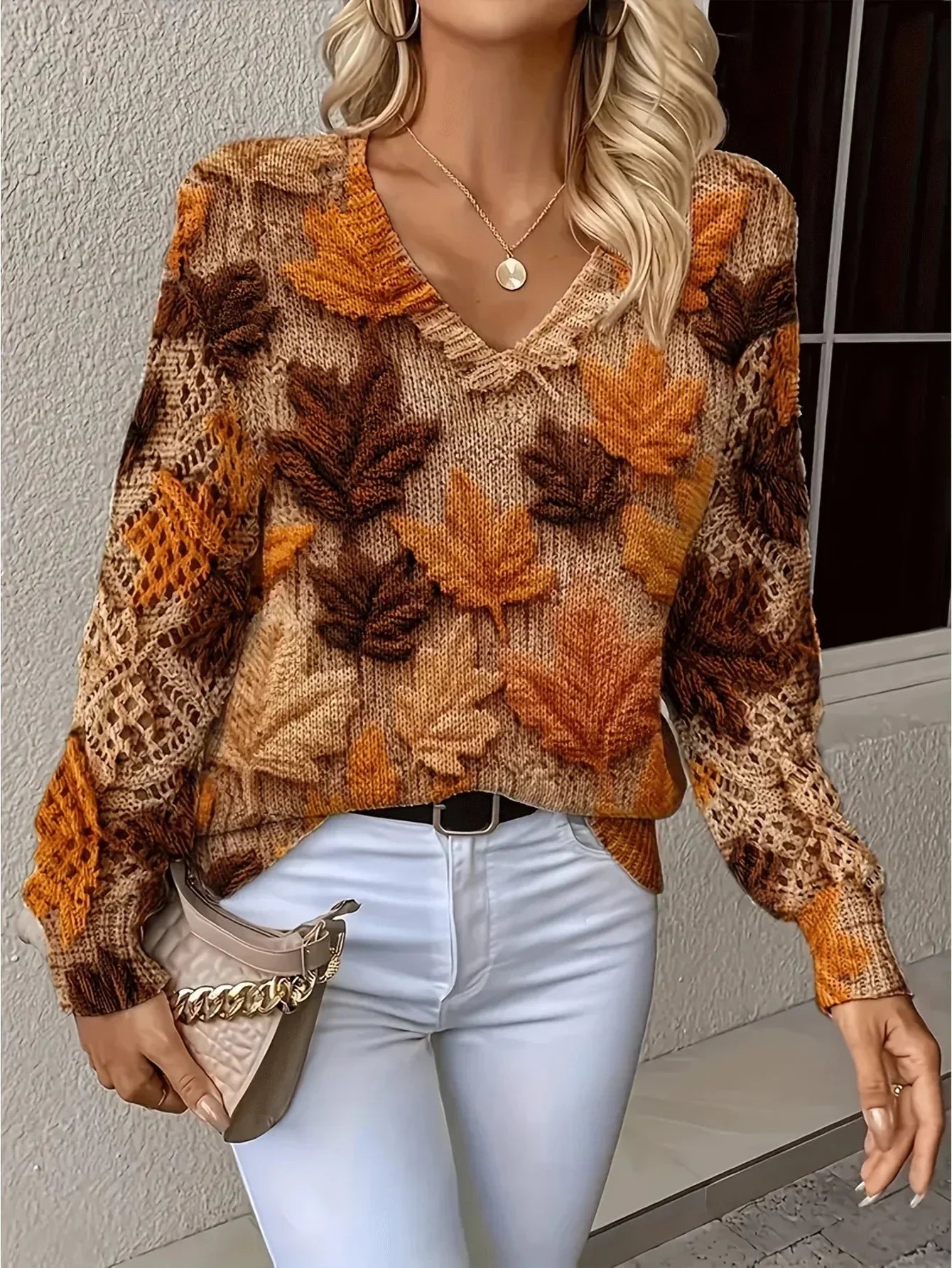 Women's V Neck Long Sleeve Sweater – Orange