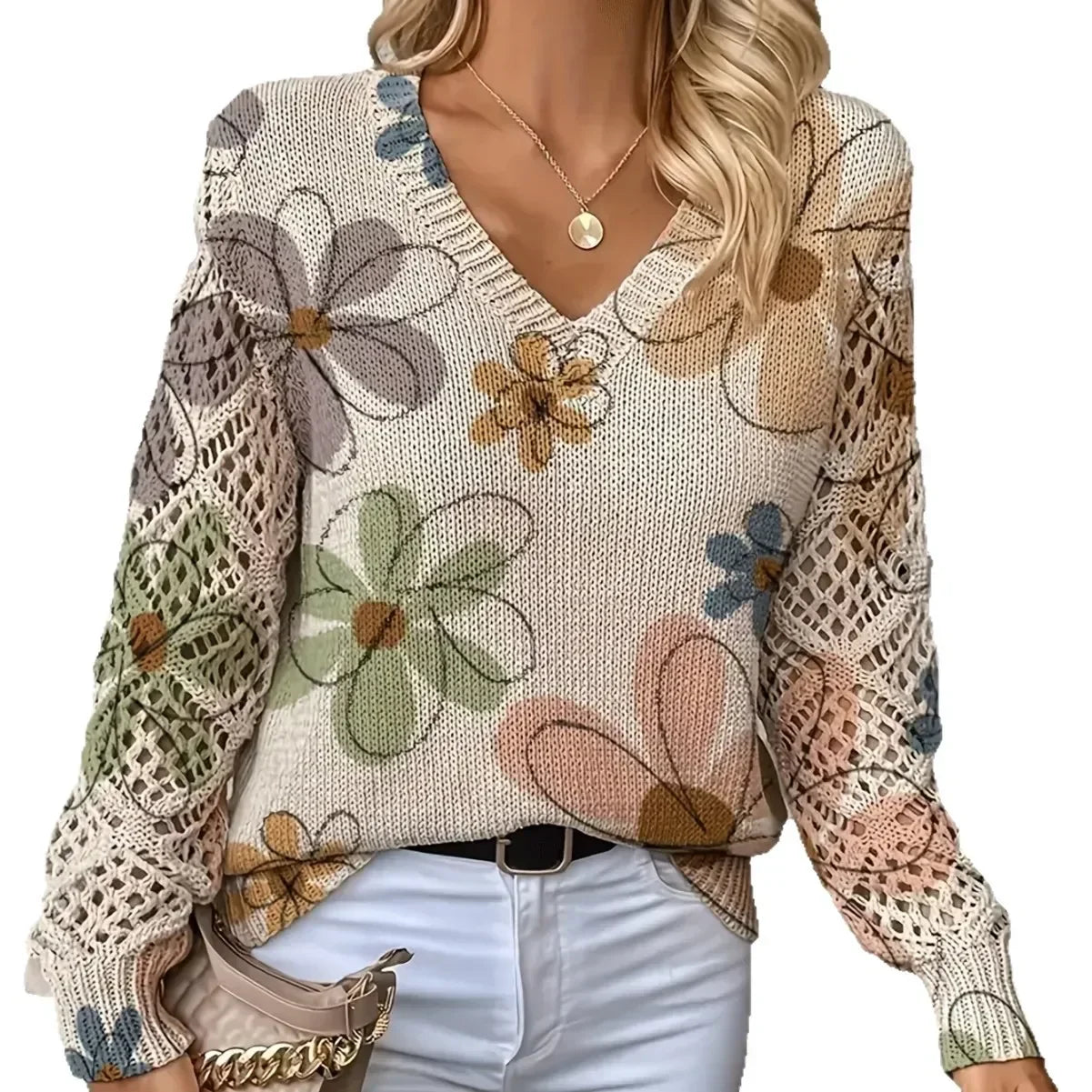 Women's V Neck Long Sleeve Sweater – Off White