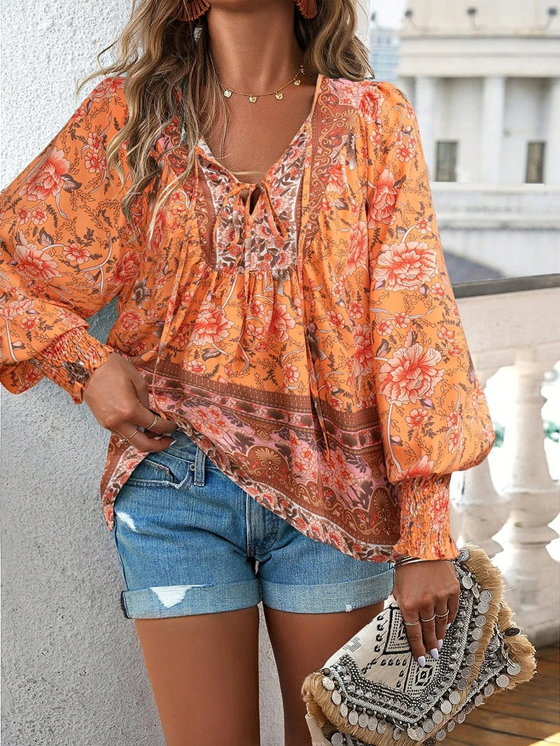 Women's V Neck Long Sleeve Blouse – Orange