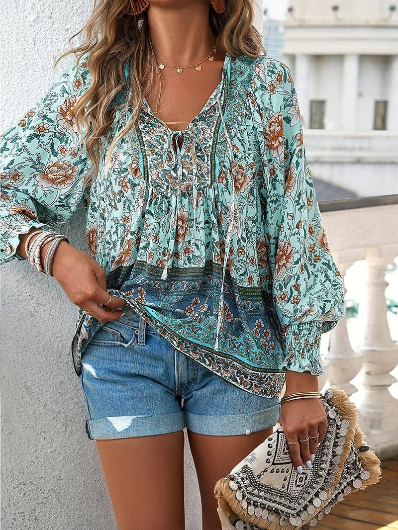 Women's V Neck Long Sleeve Blouse – Green