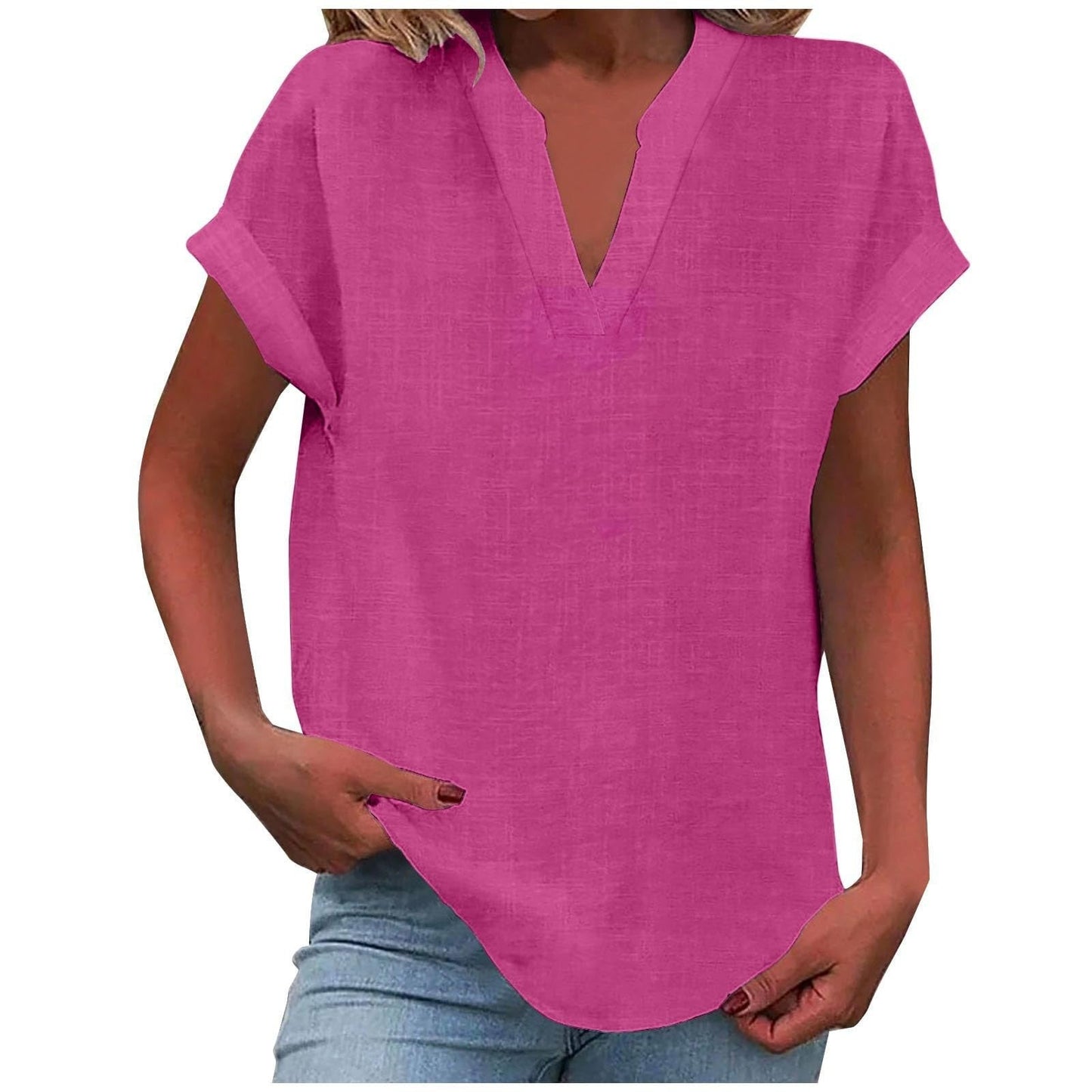 Women's V Neck Short Sleeve Blouse – Bright Pink