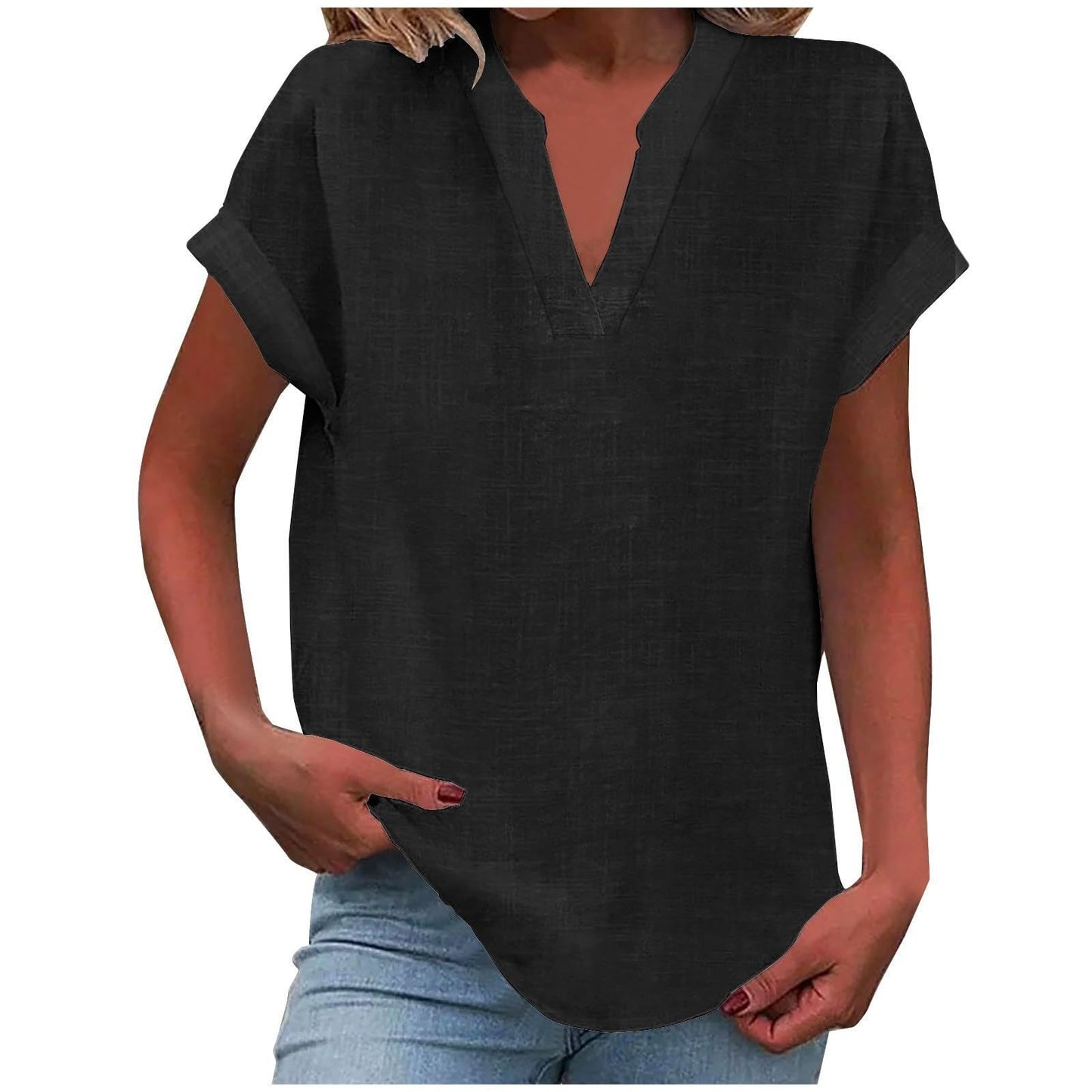Women's V Neck Short Sleeve Blouse – Black