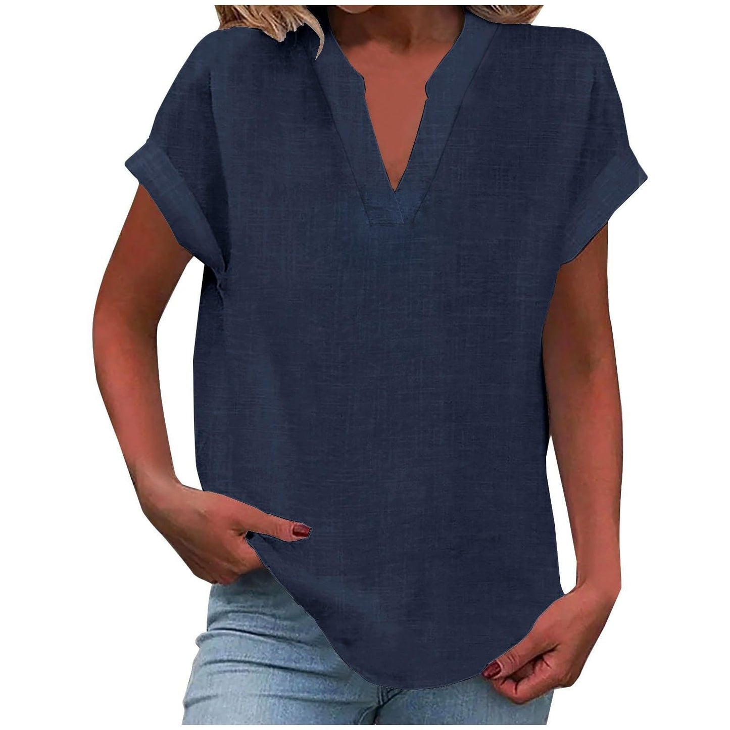 Women's V Neck Short Sleeve Blouse – Navy Blue