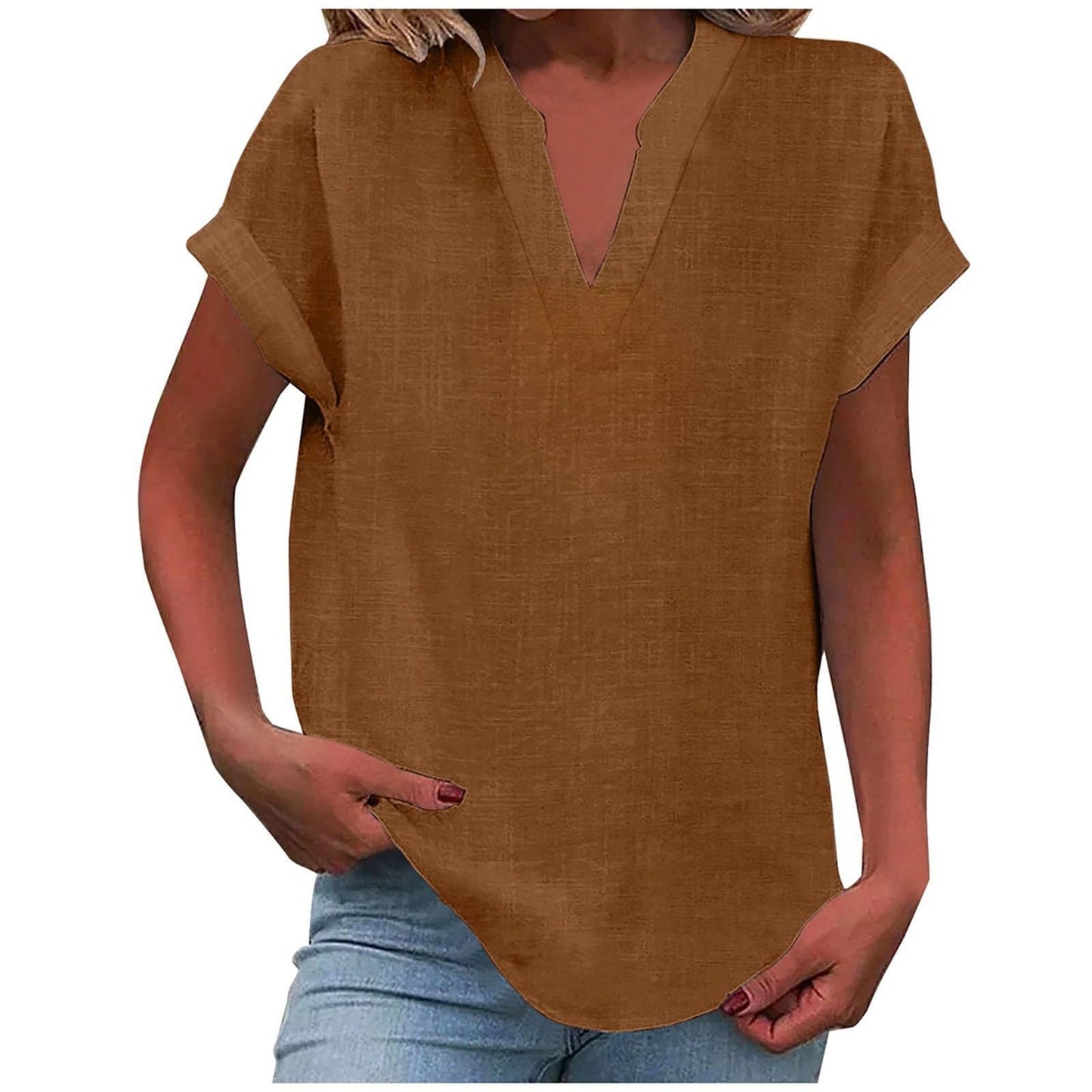Women's V Neck Short Sleeve Blouse – Brown