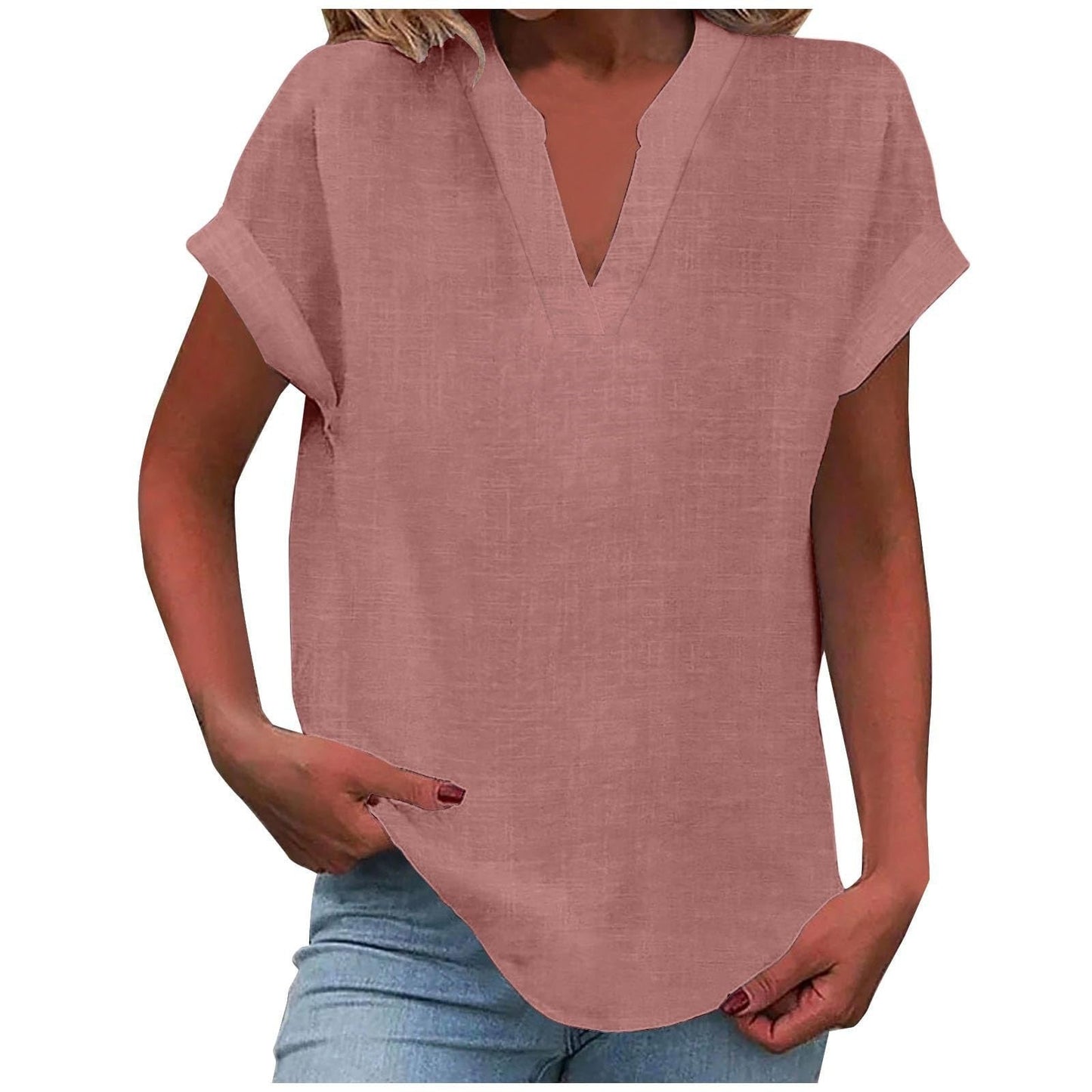 Women's V Neck Short Sleeve Blouse – Pink