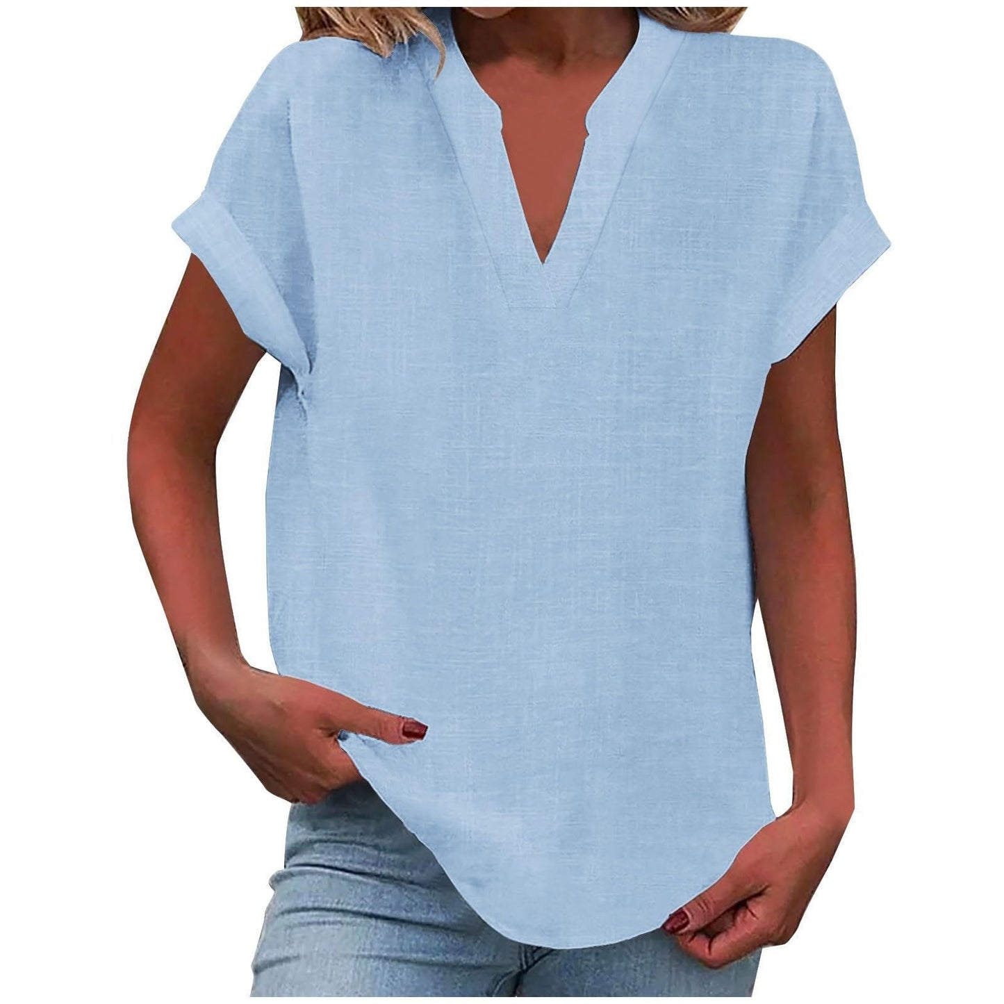 Women's V Neck Short Sleeve Blouse – Sky Blue