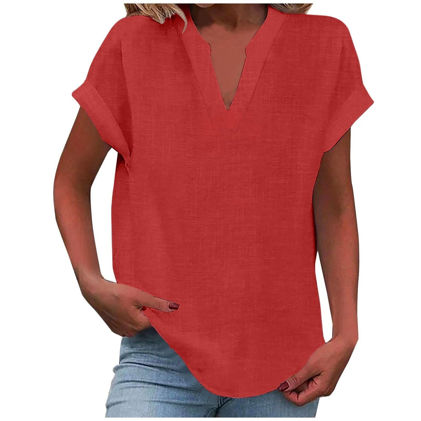 Women's V Neck Short Sleeve Blouse – Red