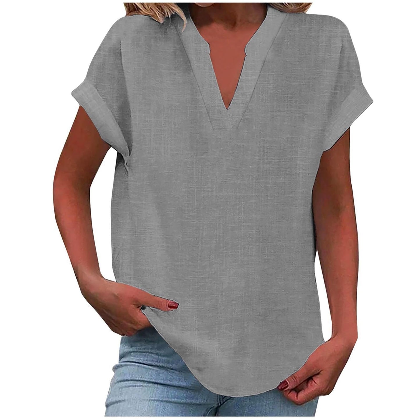Women's V Neck Short Sleeve Blouse – Light Grey