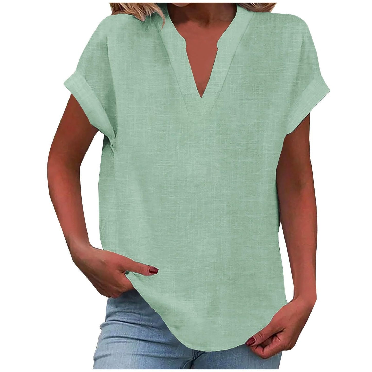 Women's V Neck Short Sleeve Blouse – Light Green
