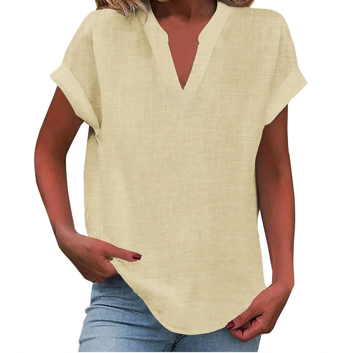 Women's V Neck Short Sleeve Blouse – Beige