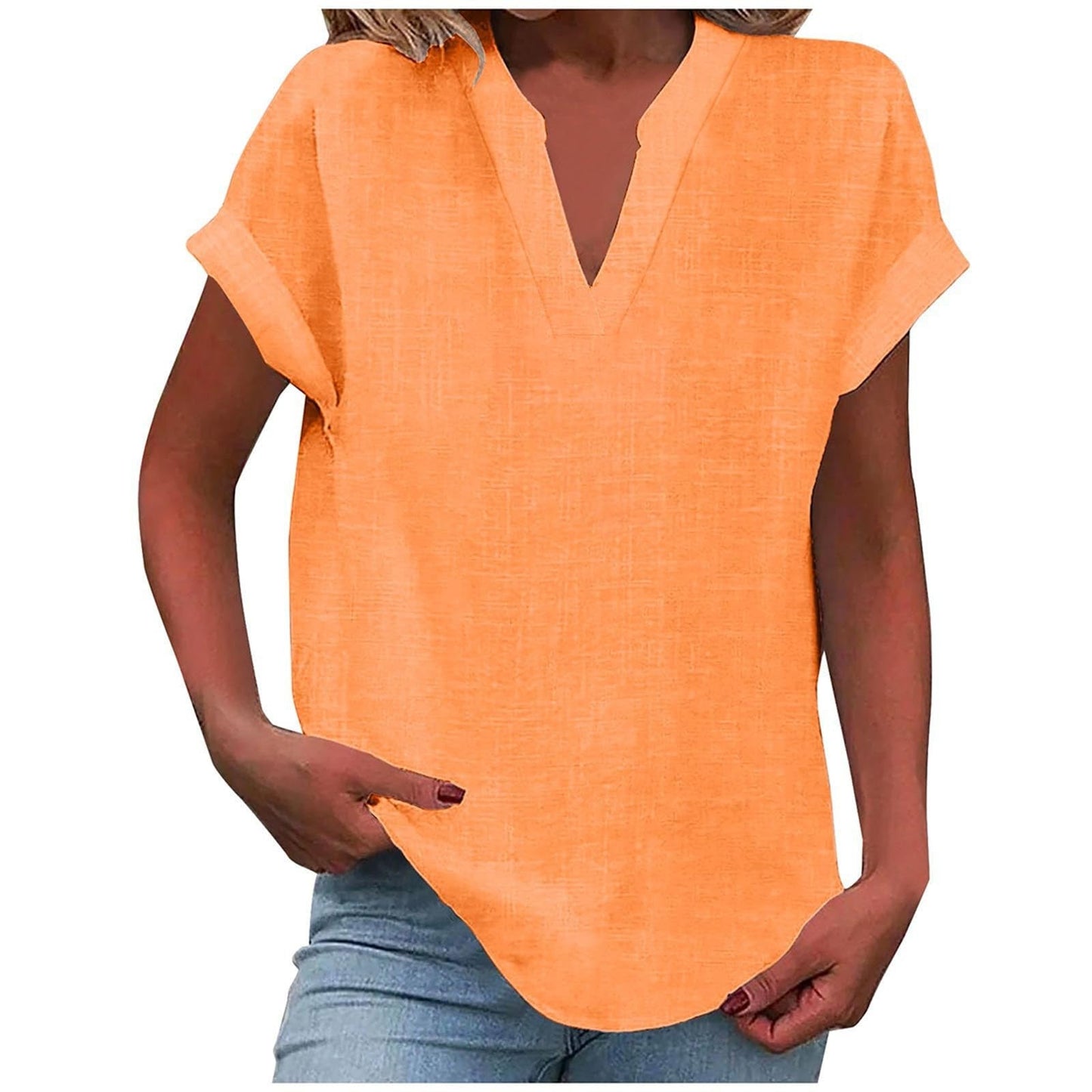 Women's V Neck Short Sleeve Blouse – Orange