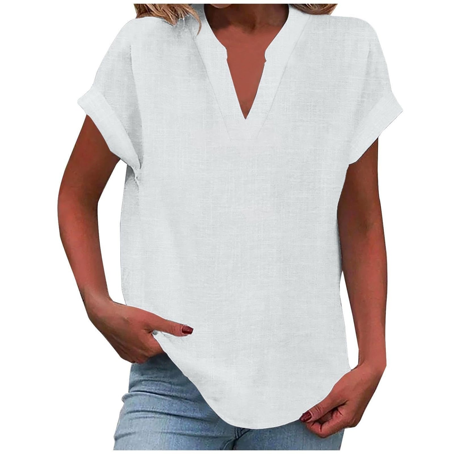 Women's V Neck Short Sleeve Blouse – White