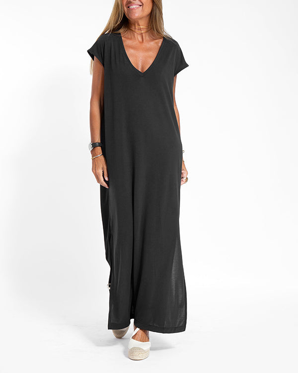 Women's V Neck Maxi Dress – Black