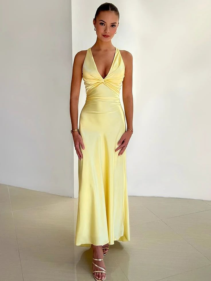 Women's V Neck Maxi Dress – Yellow