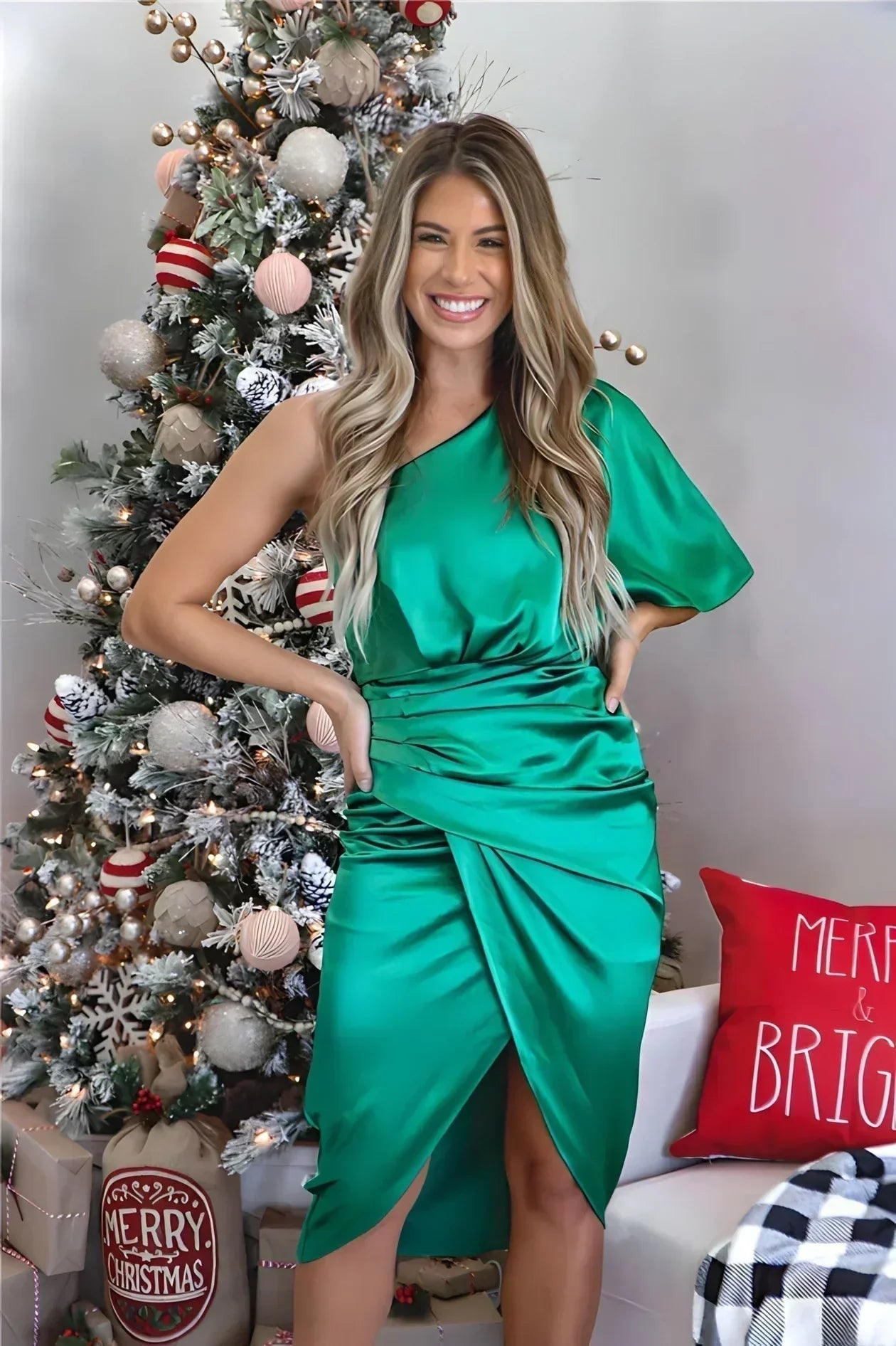 Women's One Shoulder Midi Dress – Green