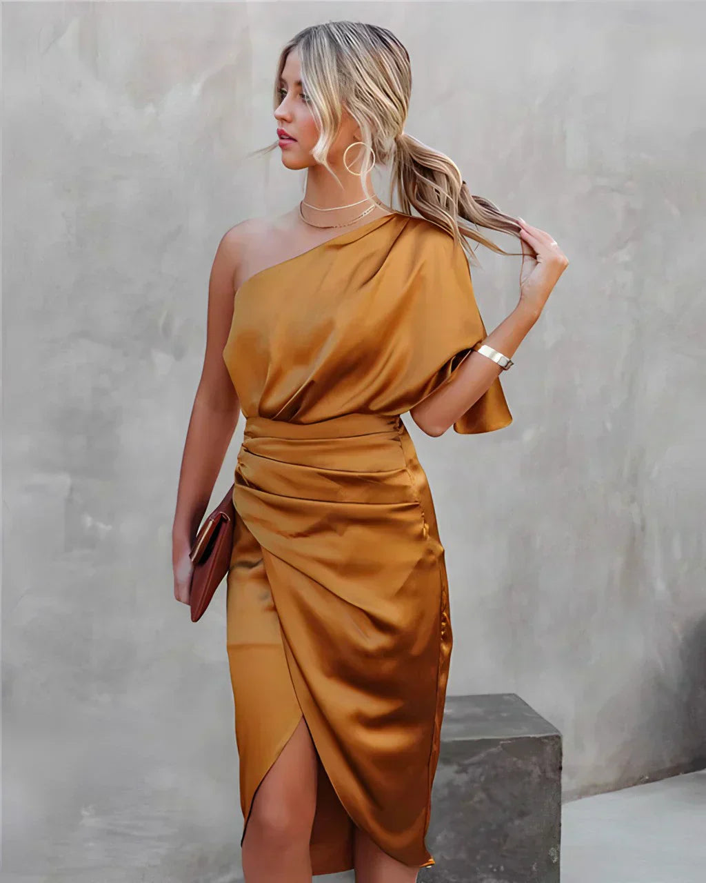 Women's One Shoulder Midi Dress – Orange