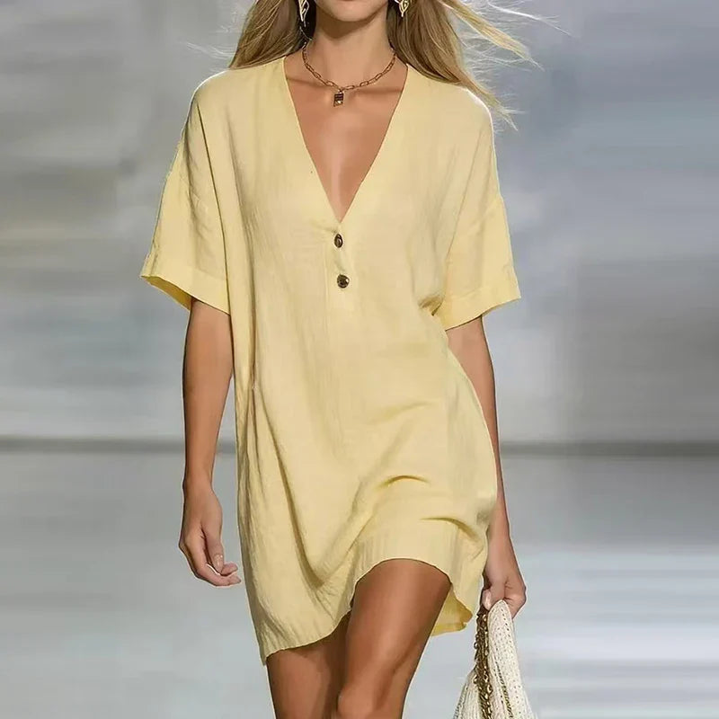 Women's V Neck Mini Dress – Yellow