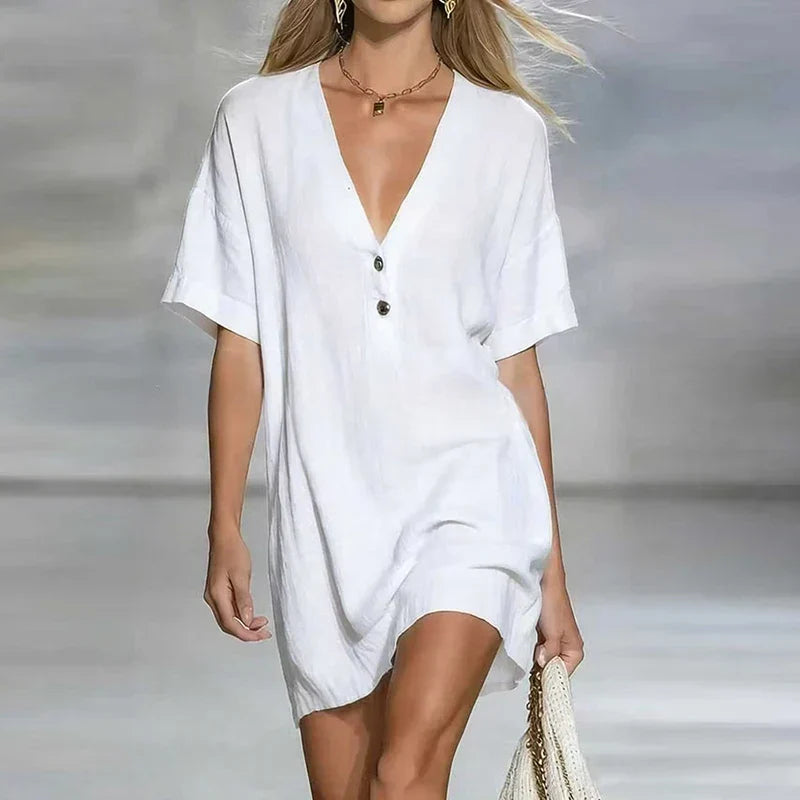 Women's V Neck Mini Dress – White