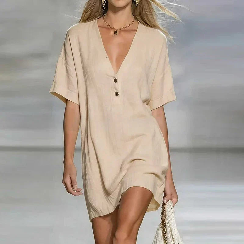 Women's V Neck Mini Dress – Cream