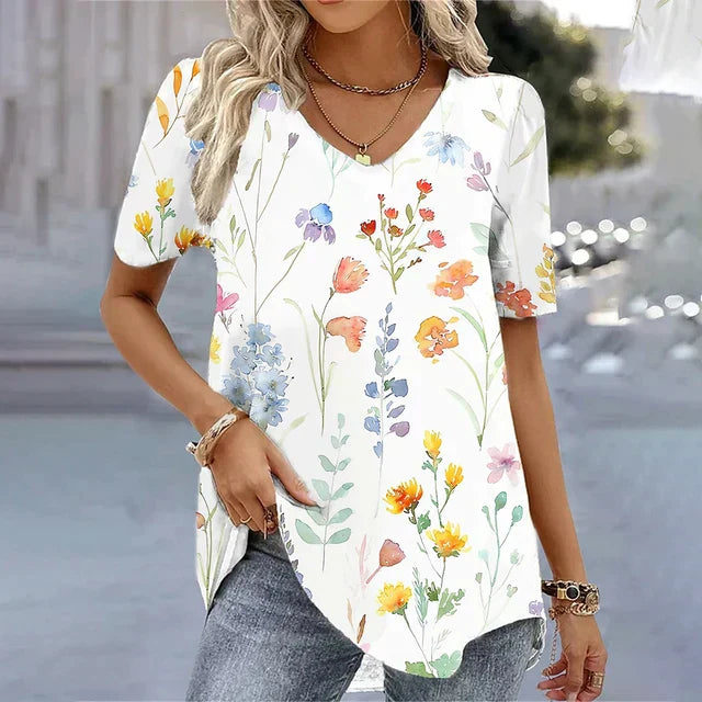 Women's V Neck Short Sleeve Blouse – Beige