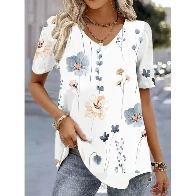 Women's V Neck Short Sleeve Blouse – White