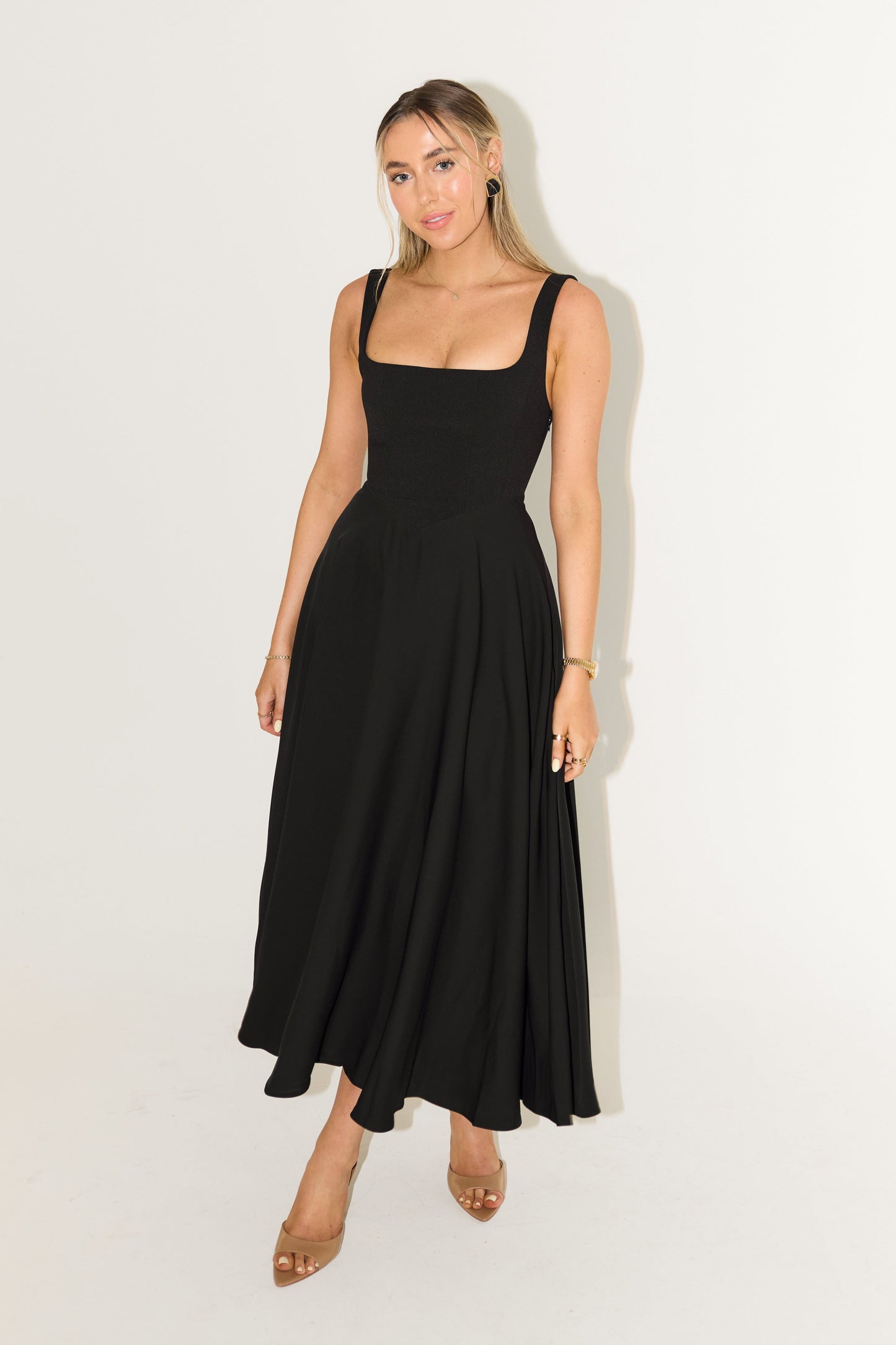 Women's Square Neck Midi Dress – Black