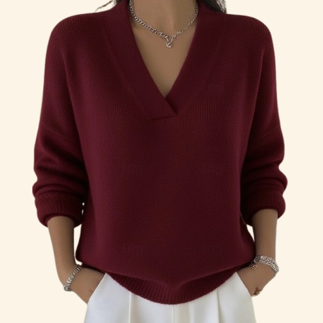 Women's V Neck Long Sleeve Sweater – Red