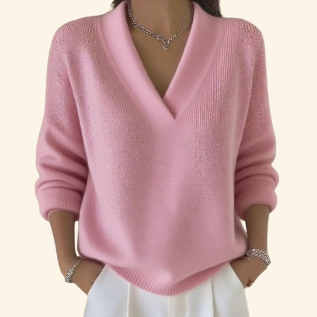 Women's V Neck Long Sleeve Sweater – Pink