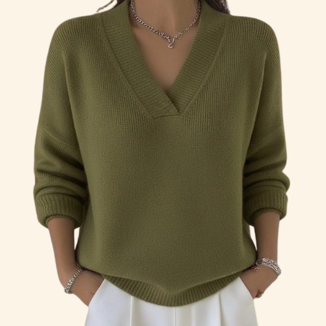 Women's V Neck Long Sleeve Sweater – Green
