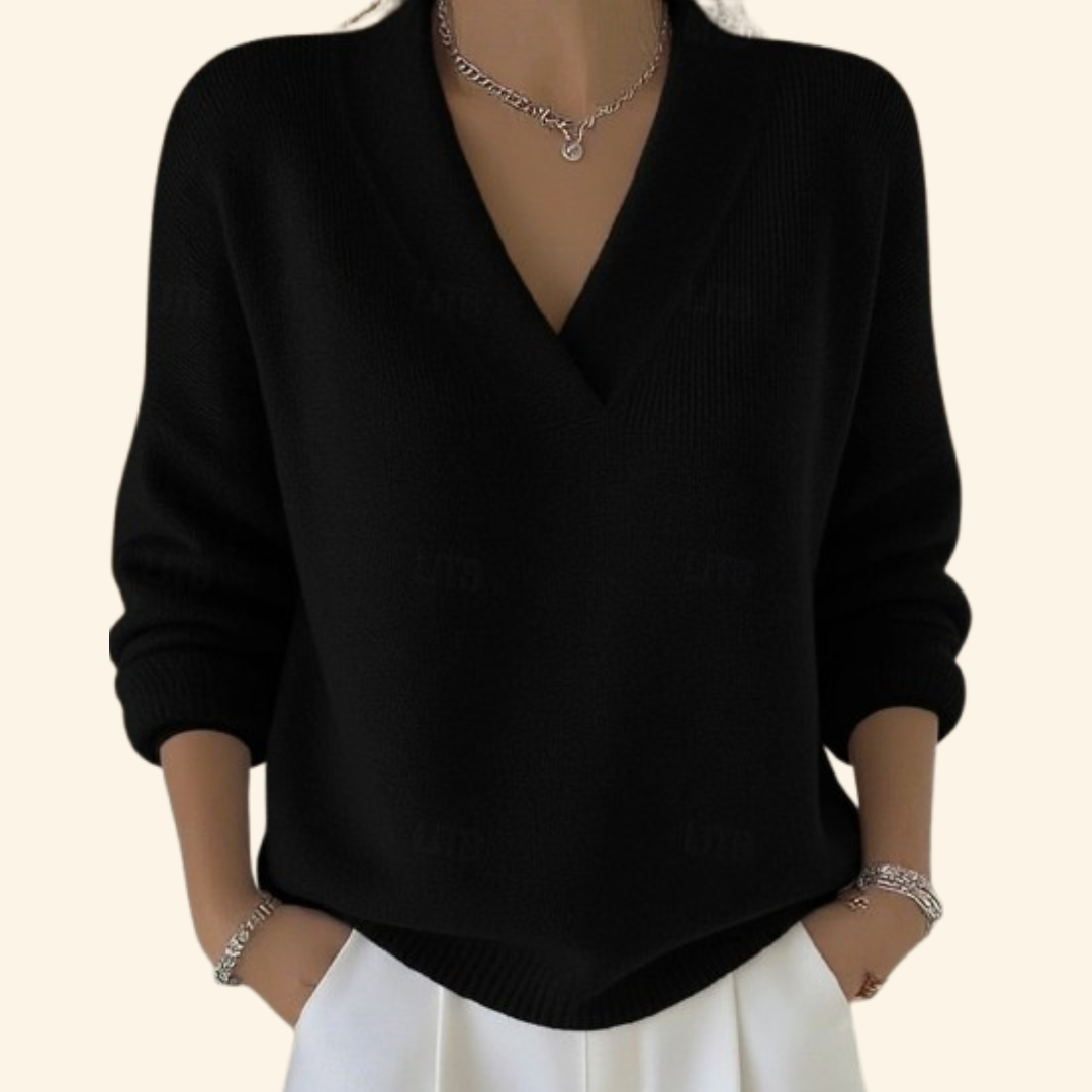 Women's V Neck Long Sleeve Sweater – Black