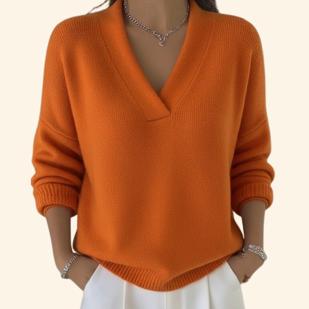 Women's V Neck Long Sleeve Sweater – Orange