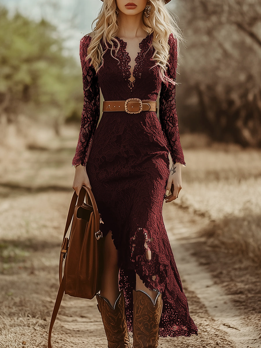 Women's V Neck Midi Dress – Burgundy