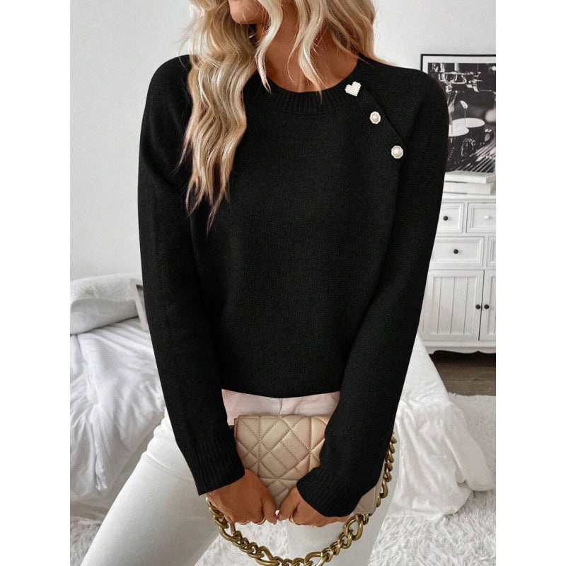 Women's Round Neck Long Sleeve Sweater – Black