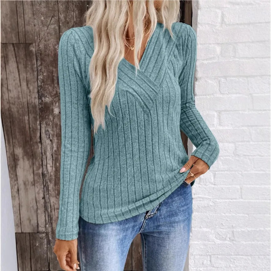 Women's V Neck Long Sleeve Sweater – Peacock Blue