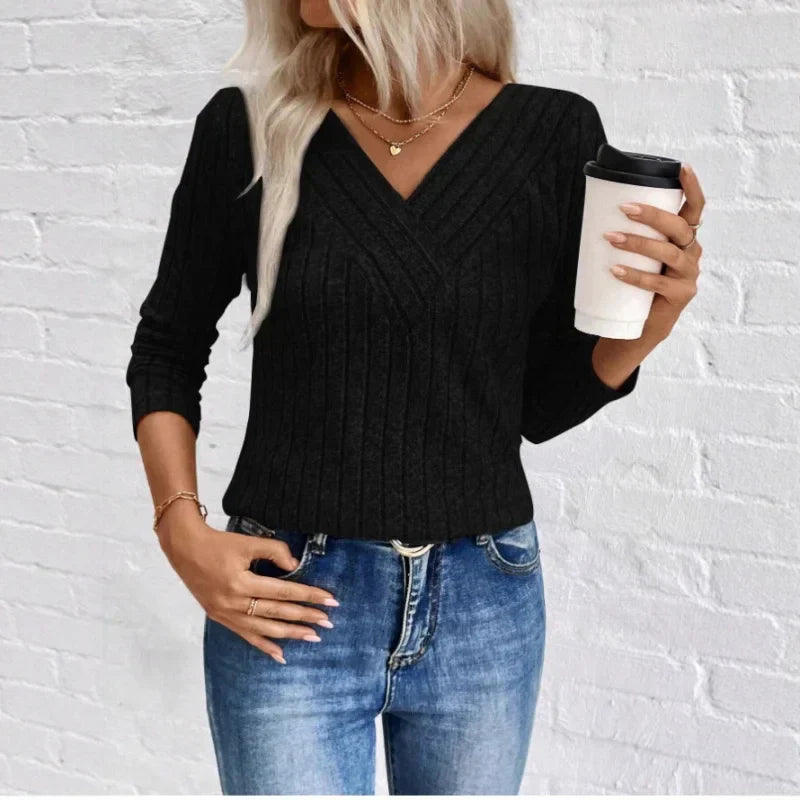 Women's V Neck Long Sleeve Sweater – Black