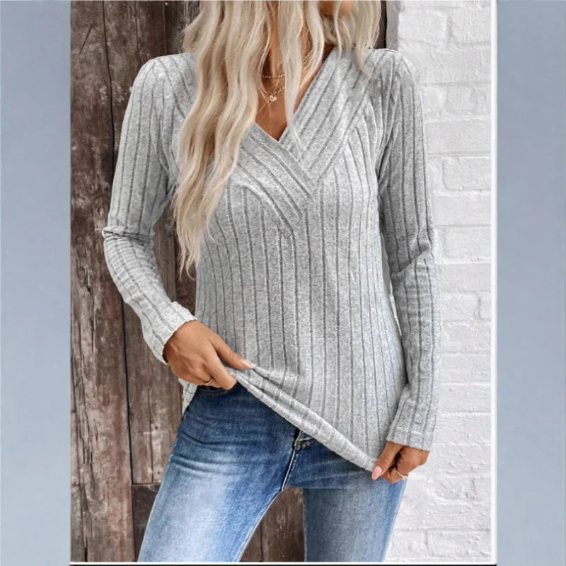 Women's V Neck Long Sleeve Sweater – Grey
