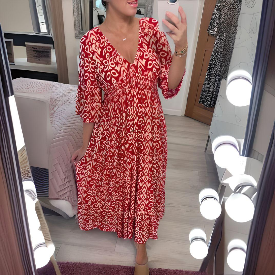 Women's V Neck Midi Dress – Red