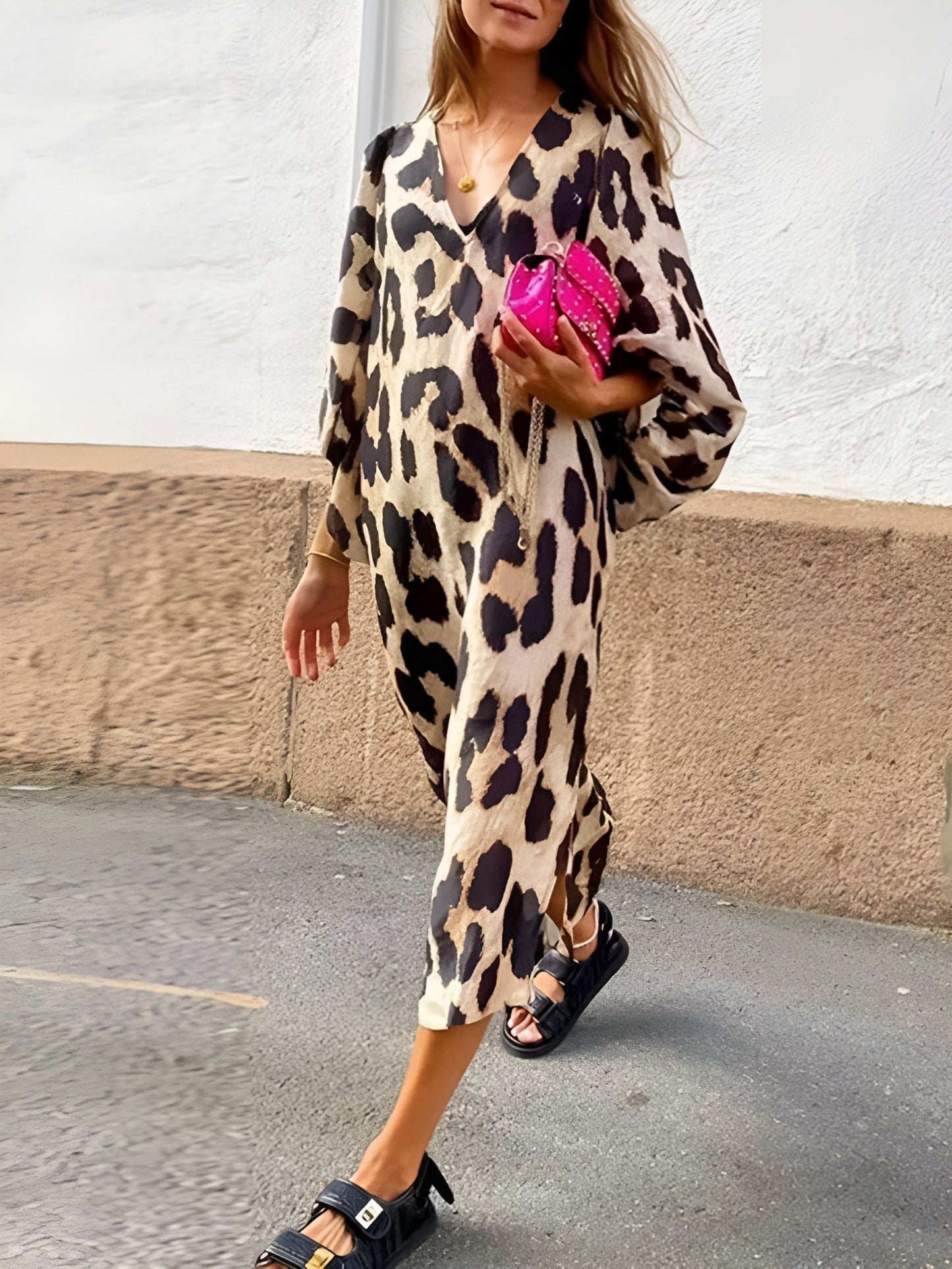 Women's Cowl Neck Midi Dress – Leopard Print 1