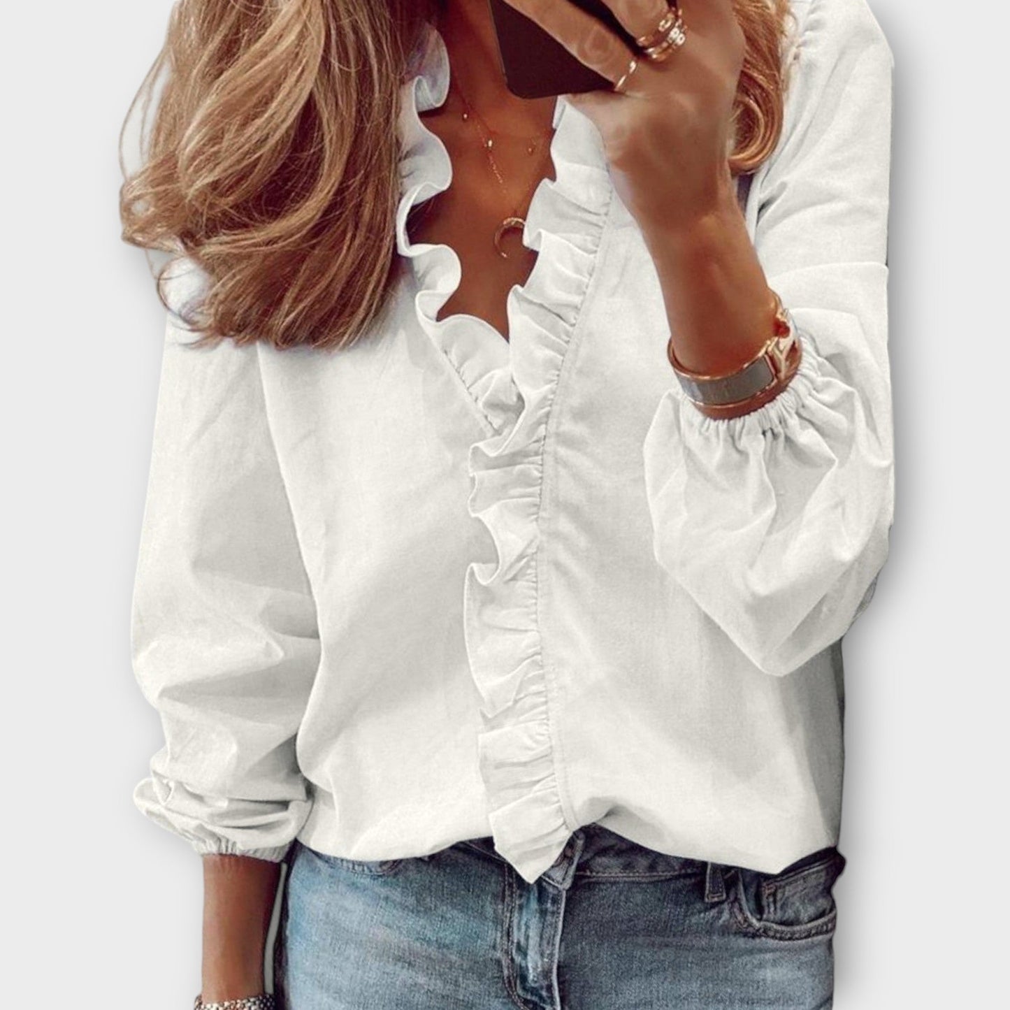 Women's V Neck Long Sleeve Blouse – White