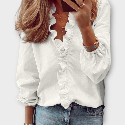 Women's V Neck Long Sleeve Blouse – White