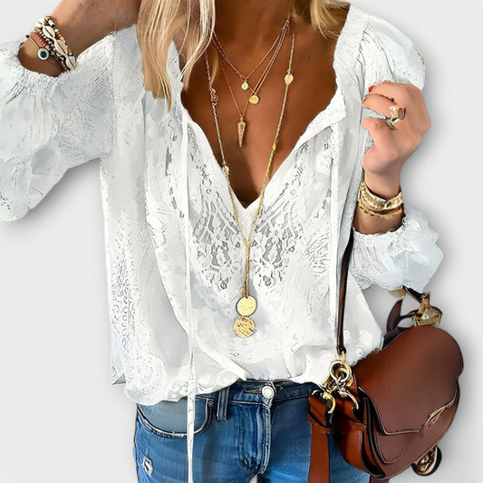 Women's V Neck Long Sleeve Blouse – White