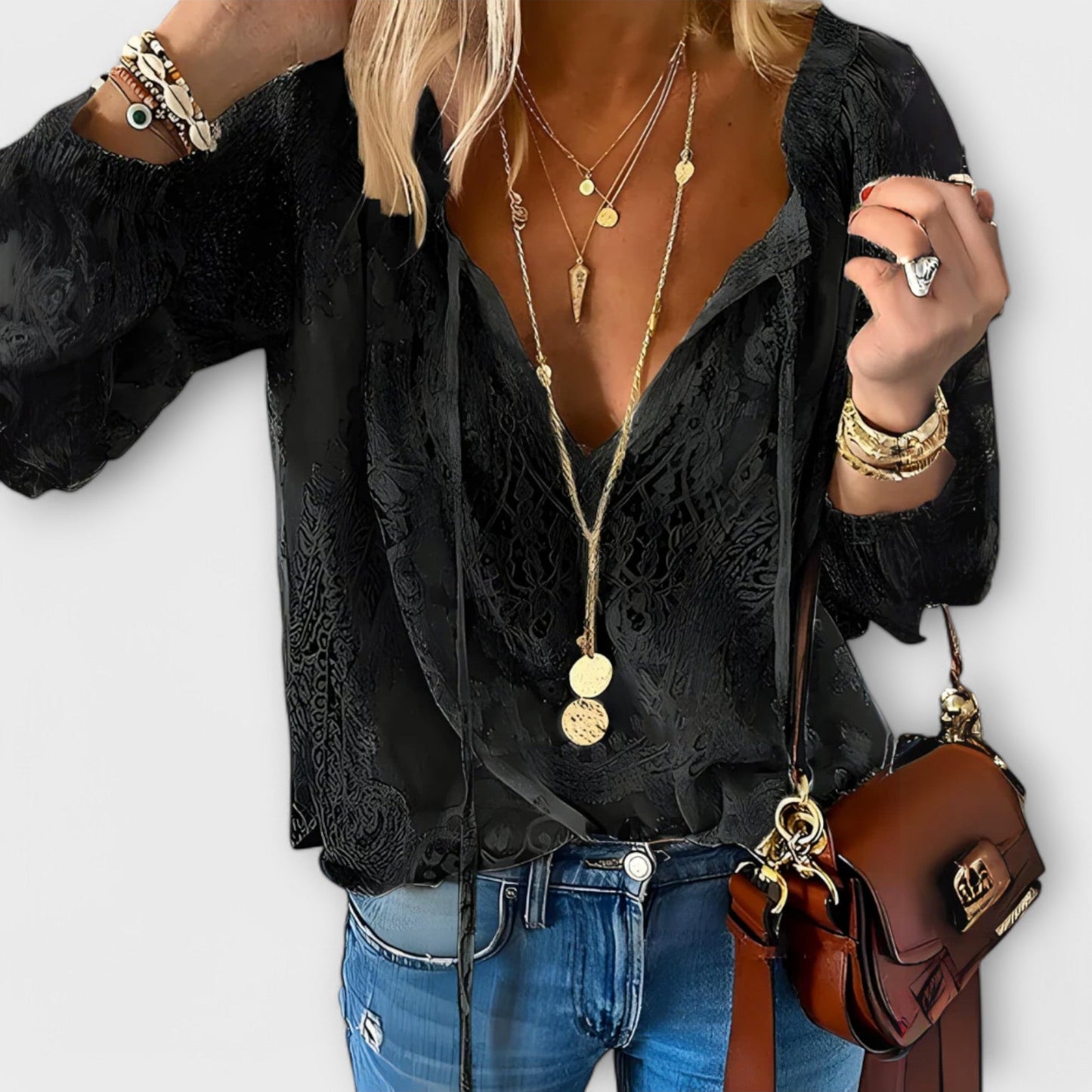 Women's V Neck Long Sleeve Blouse – Black