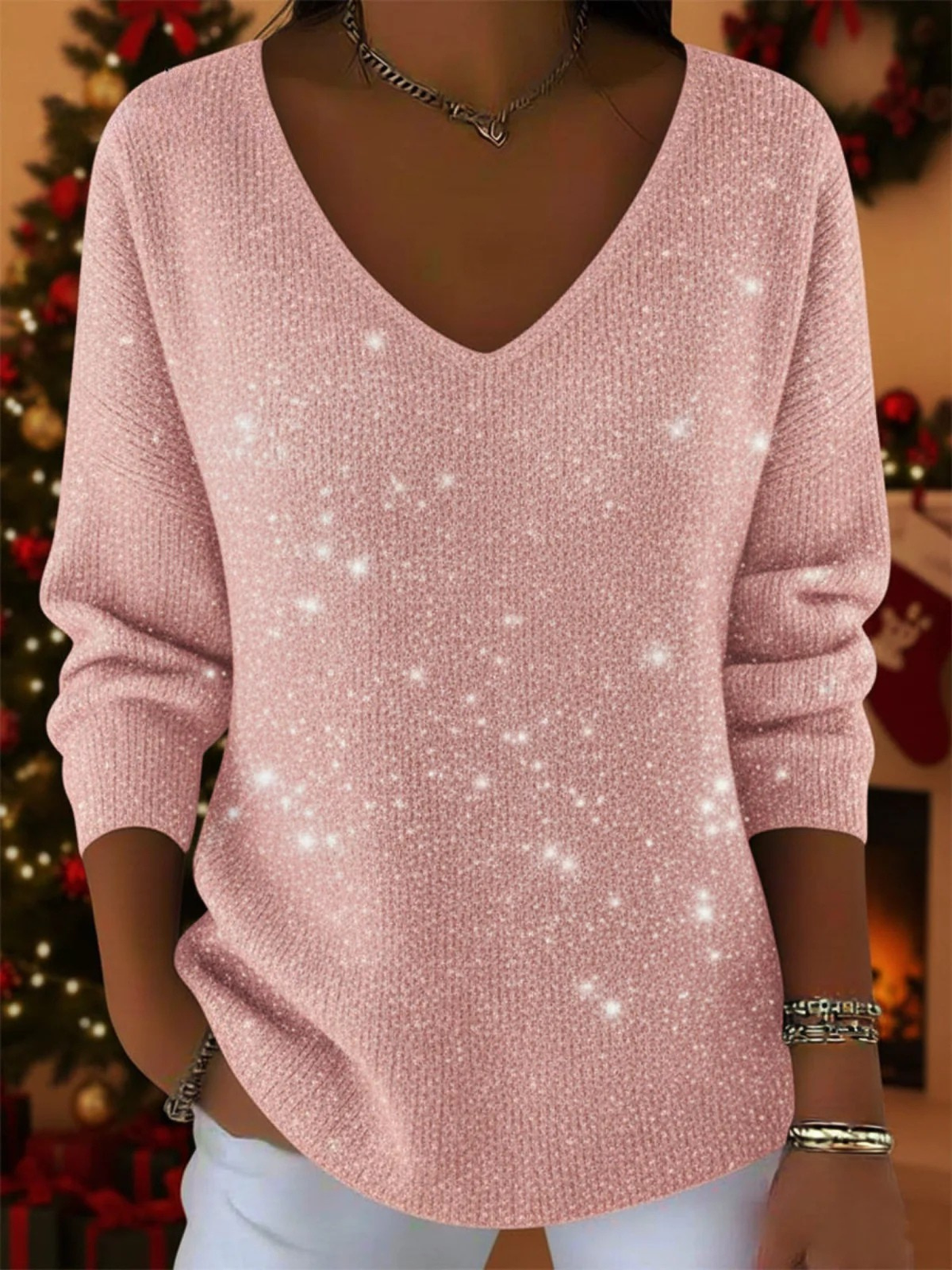 Women's V Neck Long Sleeve Sweater – Pink