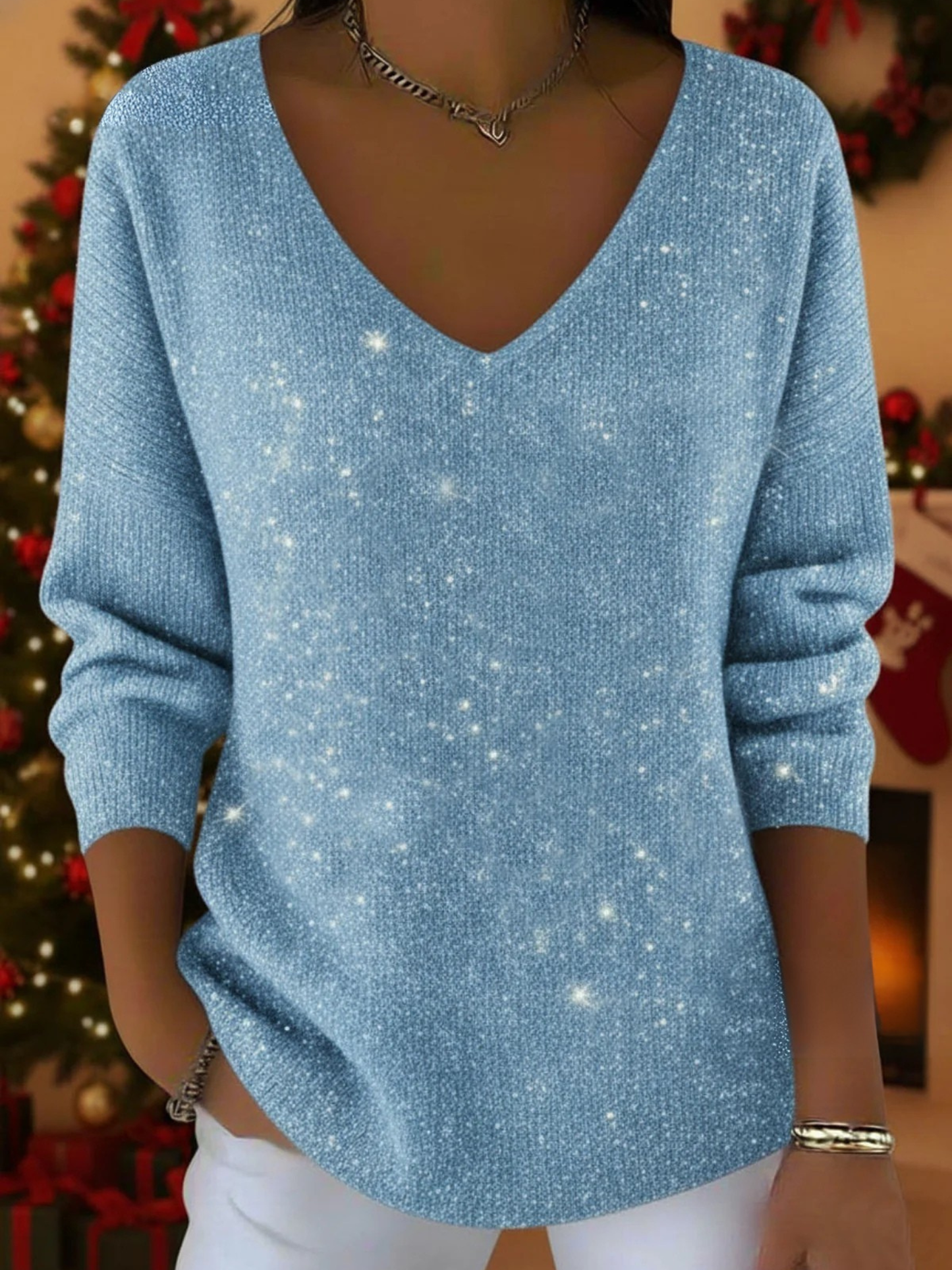 Women's V Neck Long Sleeve Sweater – Blue